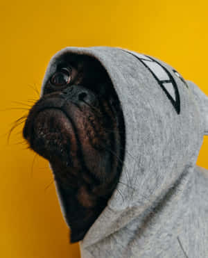 黑色八哥犬穿灰色連帽衫在黃色背景前向上看 — Pixel Fold 壁紙