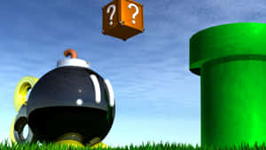 喺Mario遊戲場景中，Goomba角色喺綠色水管旁邊，有個浮動嘅問號方塊。 — 旁遮普國王 壁紙