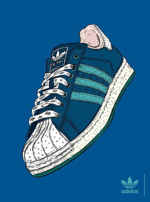 藍色Adidas運動鞋插圖，帶有白色鞋帶和條紋，背景為純藍色。 — 卡通鞋 壁紙