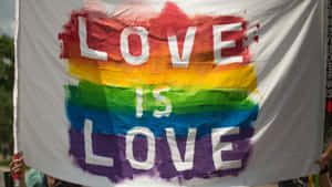 一面手工製作的彩虹旗，上面有「LOVE IS LOVE」文字，在抗議中舉起。 — 情侶 GIF 壁紙