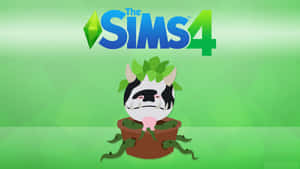 一頭卡通牛在花盆裡，有藤蔓，下方是The Sims 4標誌。 — 4K 遊戲 壁紙