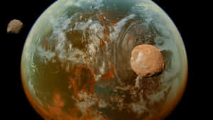 外星行星有橙色大陸和旋轉雲層，被兩顆小行星在太空中環繞。 — 火星 GIF 壁紙