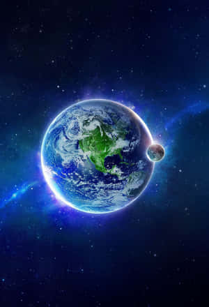 地球和太空中一顆較小的行星，周圍環繞著恆星和宇宙雲。 — 行星 壁紙