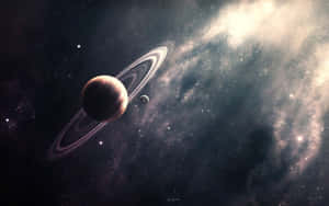 一顆環狀行星和一顆衛星在深空中圍繞著發光的星雲運行。 — Astroworld GIF 壁紙