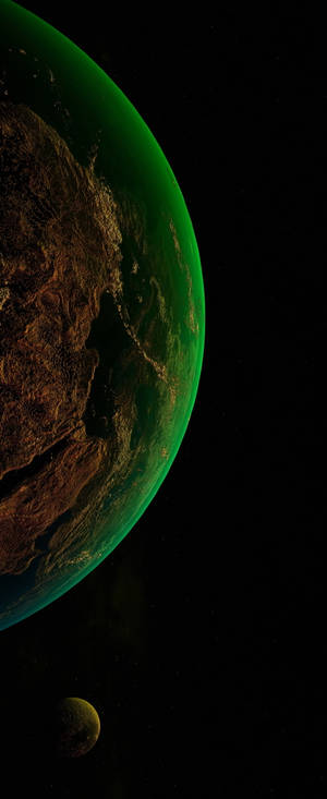一顆綠色行星，在星空背景下有一顆衛星。