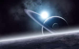 一顆帶有衛星的環狀行星在繁星點點的宇宙場景中繞著一顆明亮恆星運行。 — Astroworld GIF 壁紙