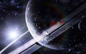 一顆環狀行星在太空中與小行星和遙遠的恆星一起閃耀。 — 天際線 壁紙