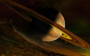 一顆環狀行星在星空下主宰著暮色中的外星地平線。 — 行星 壁紙