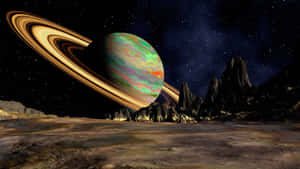 外星行星，環狀結構在繁星夜空下聳立於崎嶇山脈之上 — Astroworld GIF 壁紙