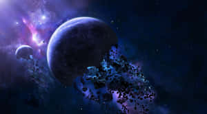 一顆被多彩星雲和小行星環繞的巨大行星，位於深空。 — 午夜 壁紙