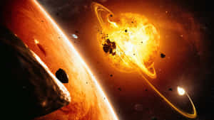 帶有光環和小行星的熾熱橙色行星，在太空中繞著熾熱的太陽運行。