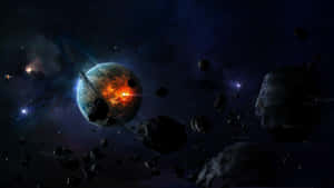 帶有光環的熾熱行星，被小行星和恆星環繞在深空之中。 — 螢幕保護 壁紙