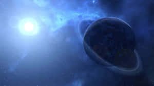 一顆帶有光環的藍色行星，在星光燦爛的宇宙場景中繞著一顆明亮的恆星運行。 — 太空美學 GIF 壁紙
