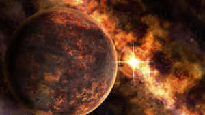 一顆燒焦的行星繞著一顆明亮的恆星運行，周圍環繞著發光的宇宙雲。 — 行星 壁紙