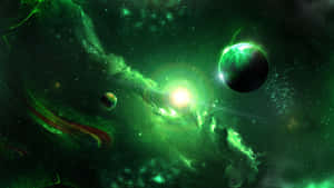 綠色星雲，帶有發光的恆星和軌道行星，在深空中。 — 深綠色 壁紙