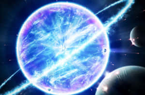 充滿活力的宇宙星雲，在深空中發出明亮的藍色和紫色能量束，並有行星環繞。 — MacBook Pro M2 壁紙
