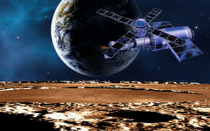 衛星懸浮在外星月球上方，地球在背景中 — 外太空 壁紙
