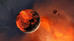深空中帶有發光星雲和衛星的熾熱行星 — 火星 GIF 壁紙