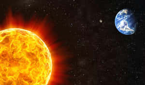 熾熱的太陽和藍色地球在太空中，有星星和一顆小月球 — 太陽 壁紙