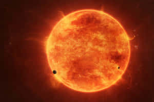兩顆行星在深空中環繞一顆巨大的發光橙紅色恆星運行。 — 星星 壁紙