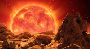外星沙漠，有熾熱的紅色太陽和岩石地形，在繁星天空下 — 星星 壁紙