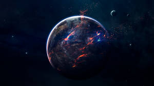 一顆火山行星在深空中噴發出發光的熔岩流。 — 太空 壁紙