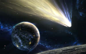 一顆彗星飛過一個帶有發光城市燈光的行星，在繁星點點的太空場景中。 — MacBook Pro 13 壁紙