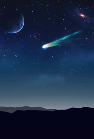 一顆彗星劃過繁星點點的夜空，下方是山脈輪廓，藍色行星和星系。 — 月色夜空 壁紙