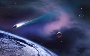 彗星飛過地球，帶有色彩繽紛的星雲和深空中的行星。 — 行星 壁紙