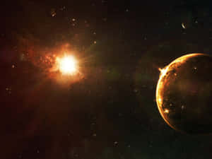 一顆明亮的星星在充滿星星的彩色星雲中，在一顆行星附近閃耀。 — 太陽 壁紙