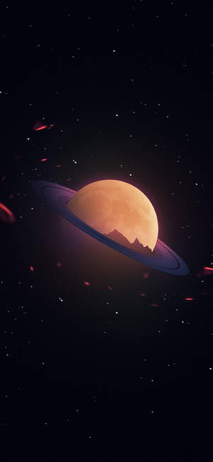 一顆發光的橙色行星帶有環，被星星和漂浮的紅色粒子環繞。 — 太空 壁紙