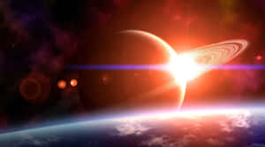 一顆環狀行星在另一顆行星的地平線上升起，處於色彩繽紛的星雲中。