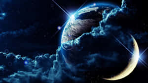 在繁星點點的夜空下，地球穿過宇宙雲層發光，帶有鏡頭光暈。 — 天空美學 壁紙