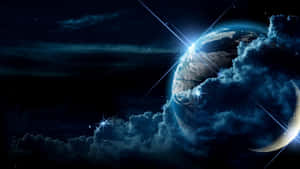 在星光燦爛的夜空下，地球穿過宇宙雲層發光。 — 夜空 壁紙
