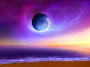 一顆發光的藍色星球在日落時漂浮在發光的海洋上方。 — 太空美學 GIF 壁紙