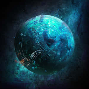 一顆發光的藍色行星帶有旋轉的宇宙圖案，在星空星雲中。 — 行星 壁紙
