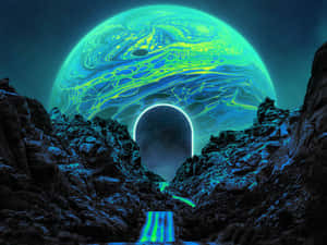 一顆發光的行星籠罩在峽谷之上，有一個發光的拱門通往星光虛空。 — 太空美學 GIF 壁紙