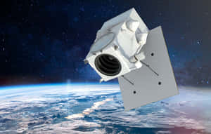 白色衛星在星空下漂浮在地球藍色雲層覆蓋的表面之上。 — 高對比 壁紙