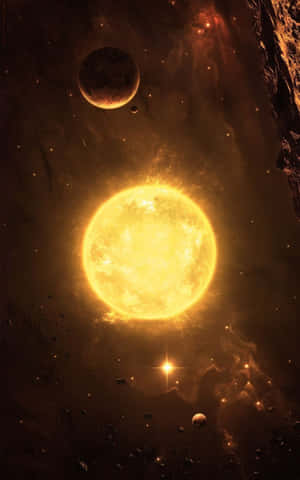 一顆明亮的太陽，被行星和發光的宇宙雲環繞在深空中。 — Galaxy Tab A9+ 壁紙
