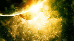 明亮的太陽在金色星雲中照耀著行星和恆星。 — 銀河 壁紙