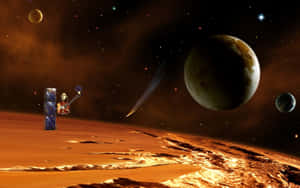 衛星探索一顆帶有彗星和衛星的紅色外星行星，宇宙背景。 — 太空人 壁紙