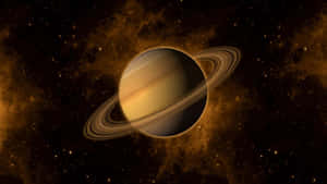 土星在琥珀色星雲中發光的環，以星空為背景。 — 行星 壁紙