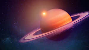 一顆發光的橙色行星帶有光環，背景是星空。 — Astroworld GIF 壁紙