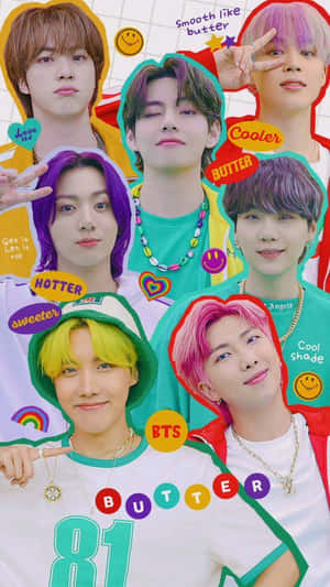 BTS 成員擁有彩虹頭髮和「butter」文字圖形，構成充滿活力的拼貼畫。 — iPhone 7 壁紙