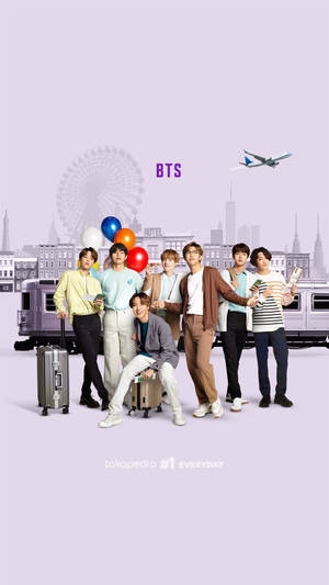七位K-pop偶像在風格化的城市場景中，與行李和氣球合影。 — BTS 美學 壁紙