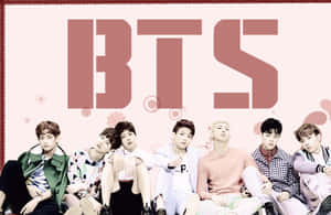 七位K-pop偶像在一個巨大的粉紅色BTS標誌下一起擺姿勢。 — 防彈少年團 合照 壁紙