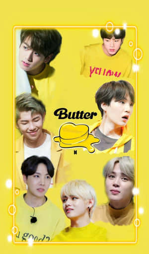 BTS成員身穿黃色毛衣圍繞黃色背景上的Butter標誌 — Galaxy Tab A11 壁紙