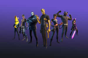 七個 Fortnite 遊戲角色穿著各種服裝，手持武器擺姿勢。 — MacBook Pro 壁紙