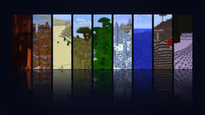 七個Minecraft生態域以垂直面板顯示，帶有深色倒影。 — 最佳 Minecraft 壁紙