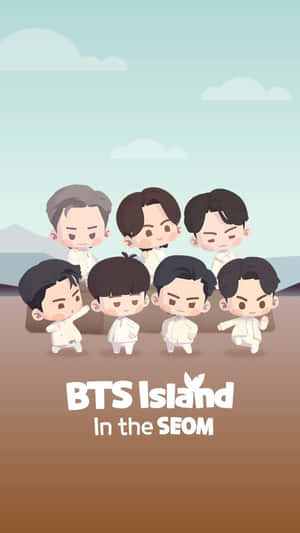 七個Q版BTS成員身穿白色服裝，在藍天下站在一個棕色島嶼上。 — BTS標誌 壁紙